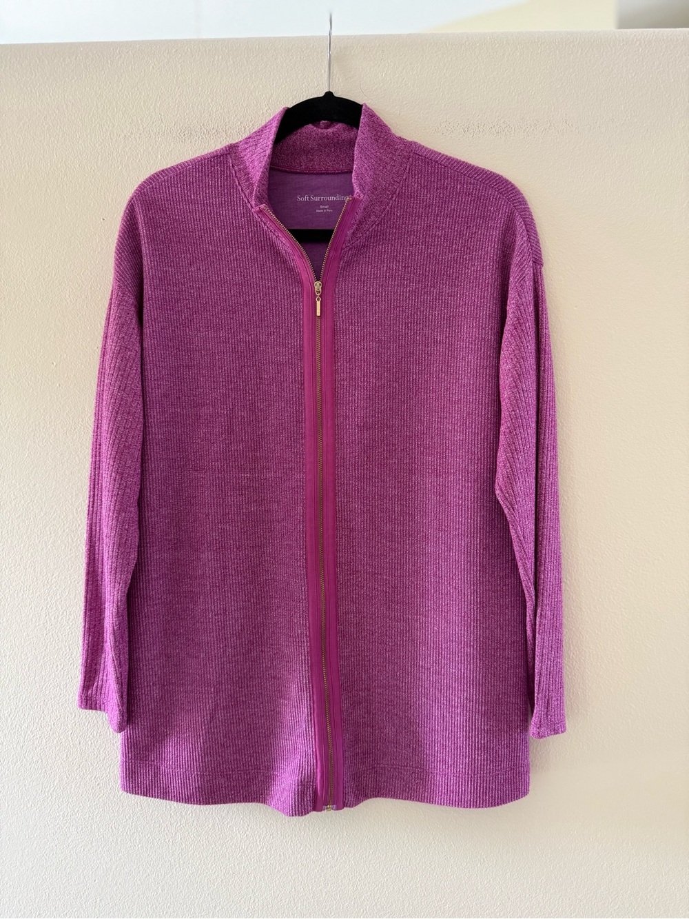 Soft Surroundings Women’s Lightweight Magenta Zip-Front Ribbed Cardigan